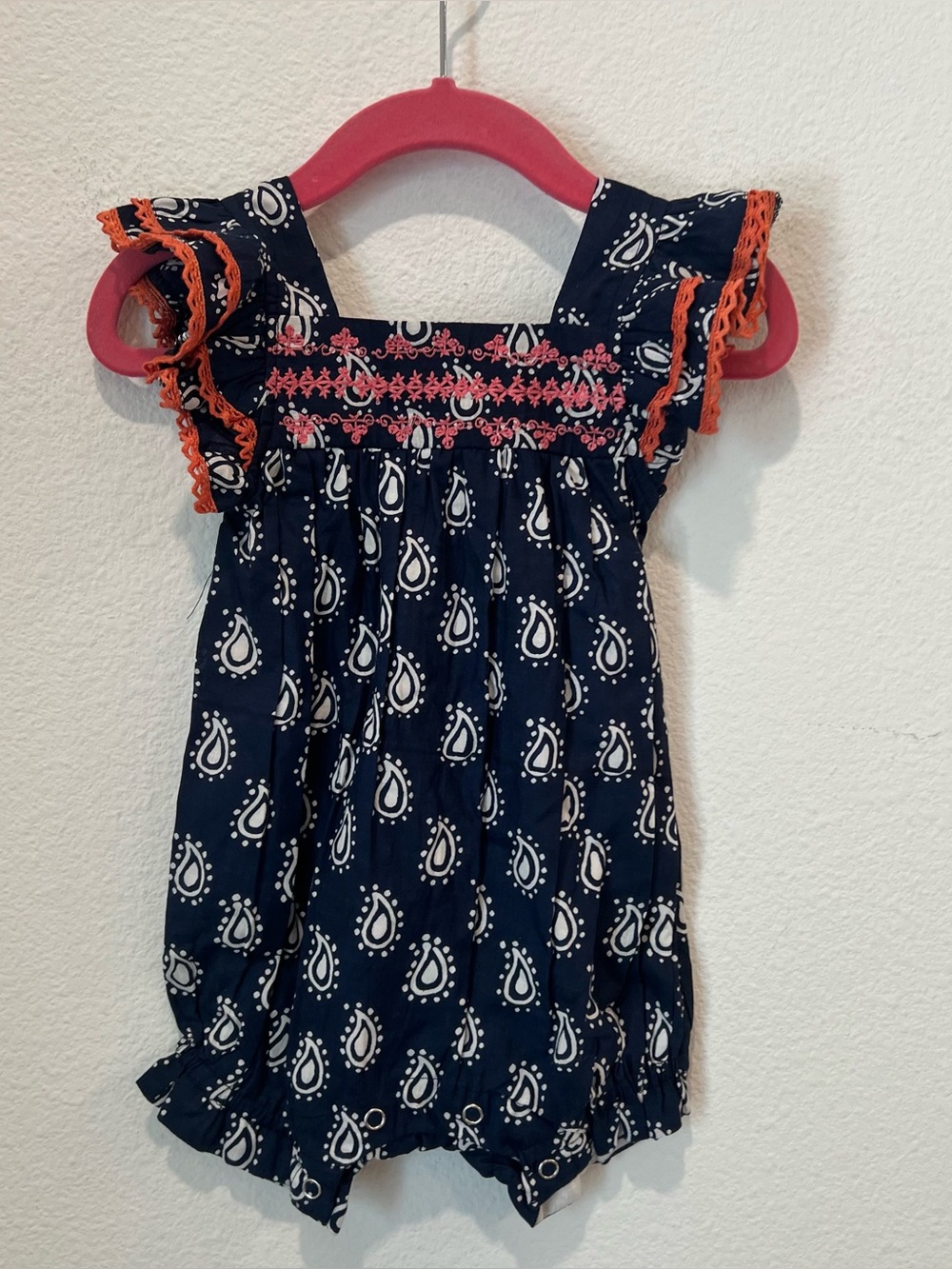 NEW POPPET & FOX ikat shortie romper embroidered 6-9months